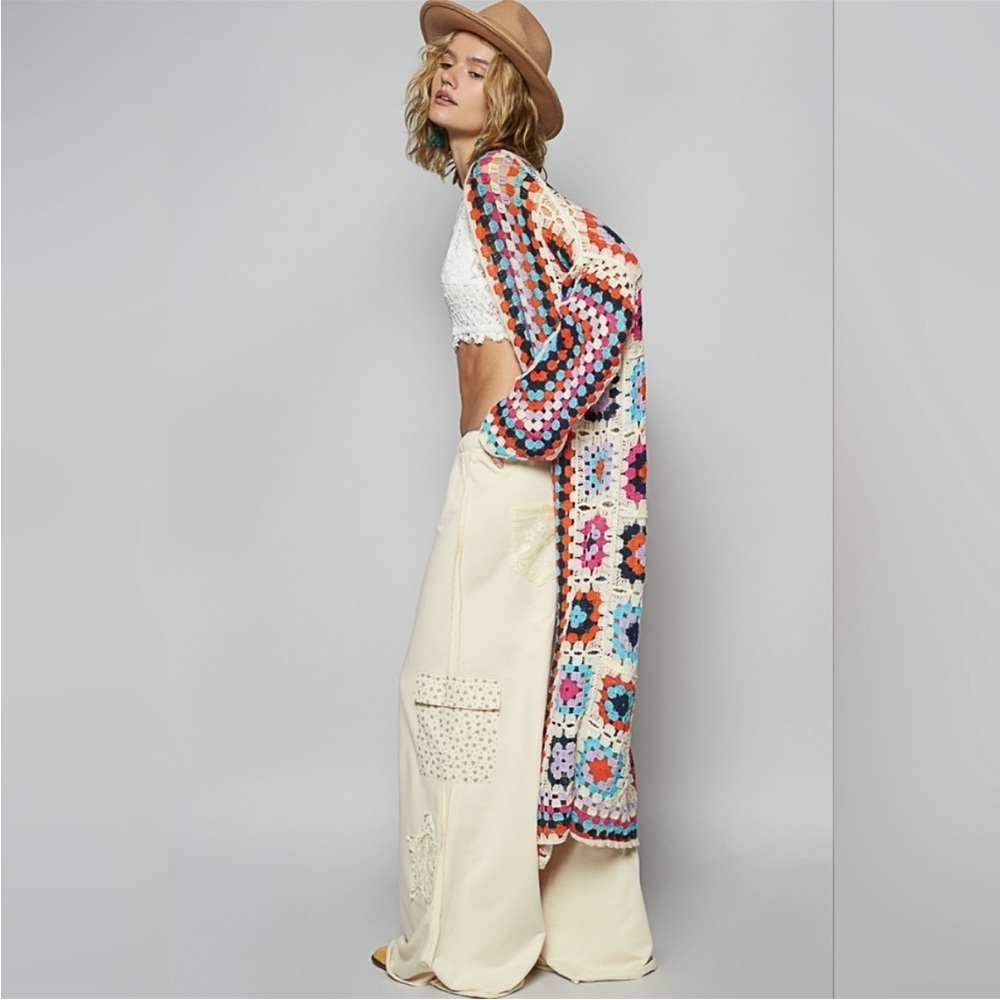 New POL Beige Multicolor Granny Squares Long Crochet Knit Cardigan - Picture 2 of 10